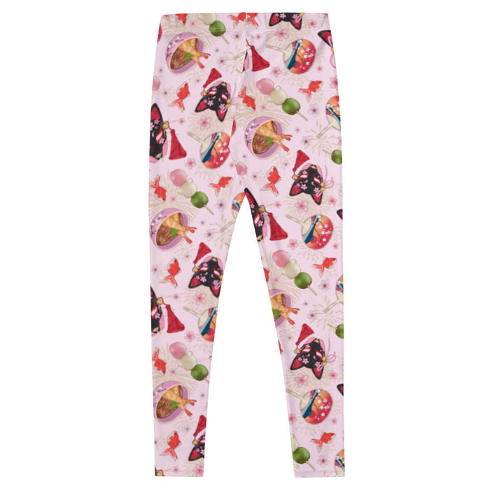 Matsuri kawaii leggings in pink with faint fireworks and kitsune masks