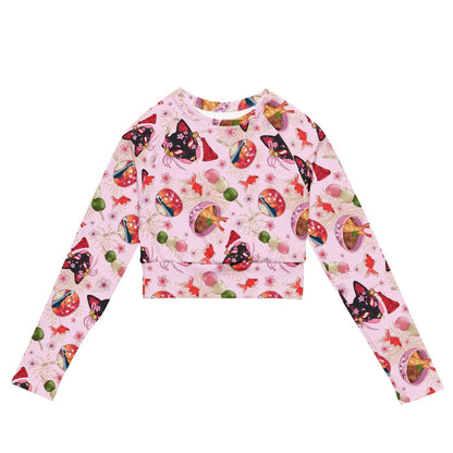 Matsuri kawaii long-sleeved crop top in pink with uchiwa fans and tricolor dango
