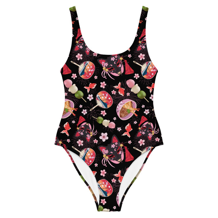 Matsuri kawaii one-piece swimsuit with red goldfish and cherry blossoms