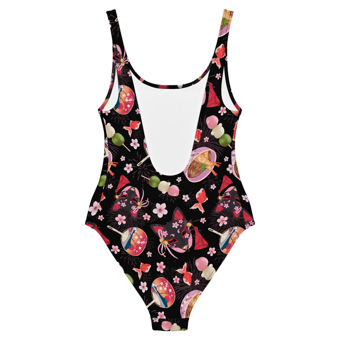 Matsuri kawaii one-piece swimsuit with paper fans and hanami dango