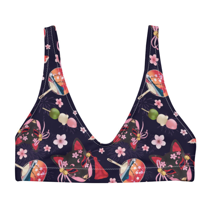 Matsuri kawaii padded bikini top with black kitsune masks and red goldfish