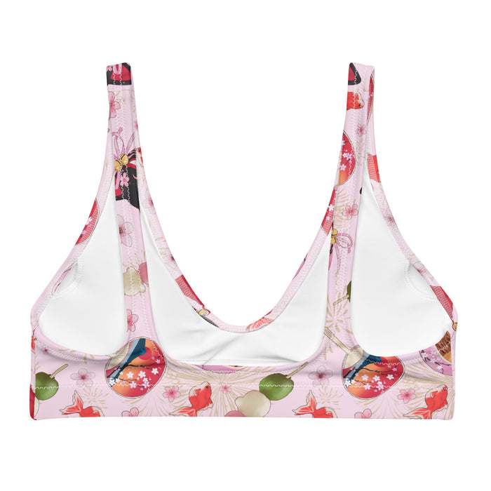 Matsuri kawaii padded bikini top in pink with sakura-painted kitsune masks and goldfish