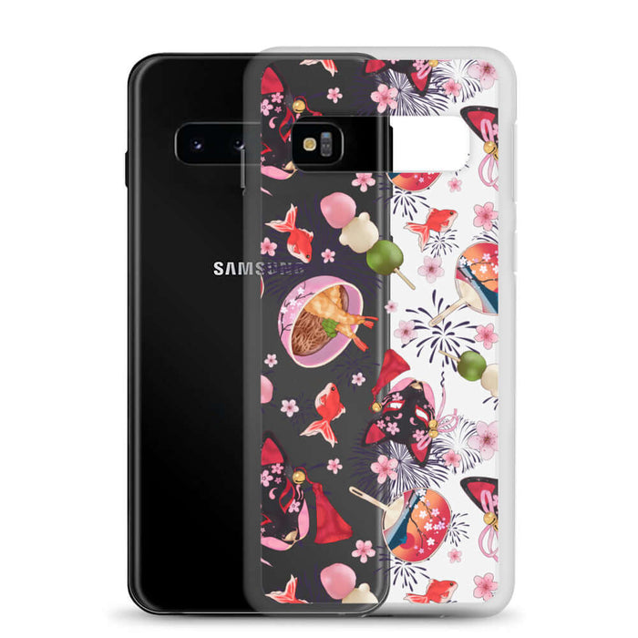 Matsuri kawaii Samsung clear case with uchiwa fans and red goldfish on a clear shell