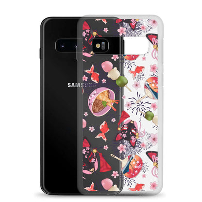 Matsuri kawaii Samsung clear case with uchiwa fans and red goldfish on a clear shell