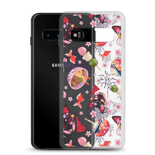 Matsuri kawaii Samsung clear case with uchiwa fans and red goldfish on a clear shell