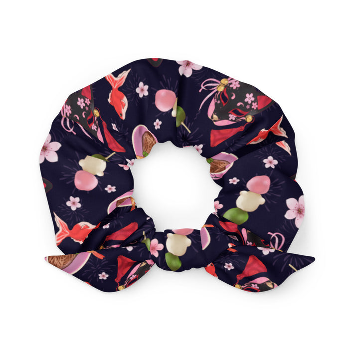 Matsuri kawaii scrunchie with black kitsune masks and red goldfish