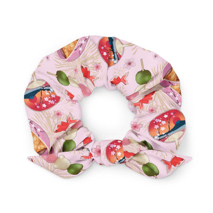 Matsuri kawaii scrunchie in pink with uchiwa fans and tricolor dango