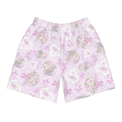 Anniversary kawaii men's athletic shorts in blush and periwinkle with lace heart lockets and trailing rose sprigs