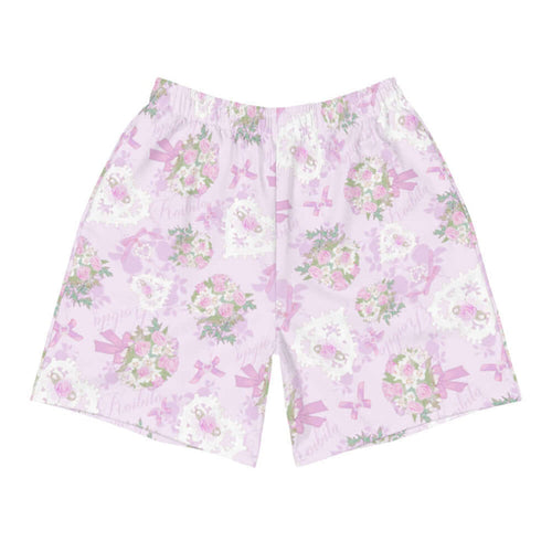 Anniversary kawaii men's athletic shorts in blush and periwinkle with lace heart lockets and trailing rose sprigs