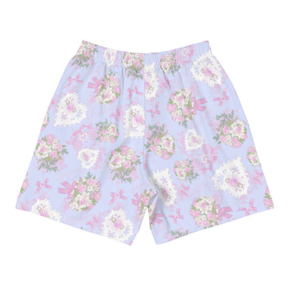 Anniversary kawaii men's athletic shorts in periwinkle with lace hearts and satin ribbon bows