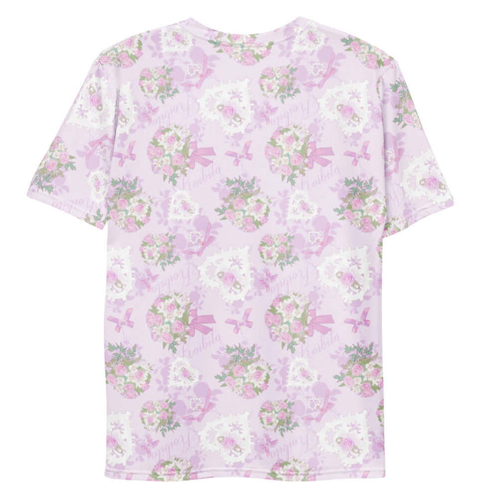 Anniversary kawaii men's tee in pink with trailing rose sprigs and lace hearts