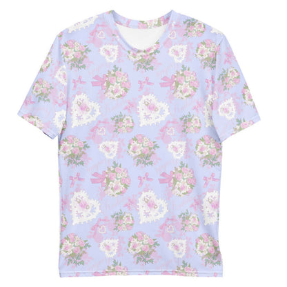 Anniversary kawaii men's tee in periwinkle with pink rose bouquets and lace hearts