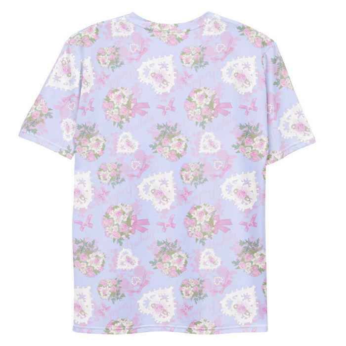 Anniversary kawaii men's tee in periwinkle with lace hearts and satin ribbon bows