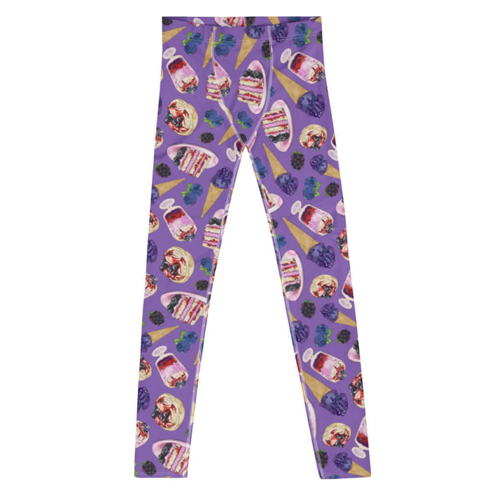 Berry kawaii men's leggings in violet with berry parfaits and layered berry cake