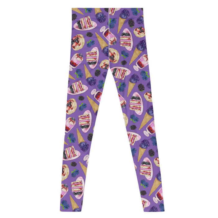 Berry kawaii men's leggings in violet with layered berry cake and berry cream tarts