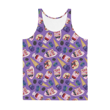 Berry kawaii men's tank top in violet with berry cream tarts and blueberry ice cream cones