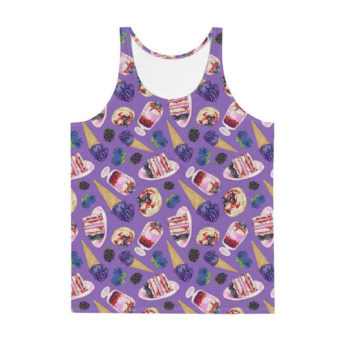 Berry kawaii men's tank top in violet with berry cream tarts and blueberry ice cream cones