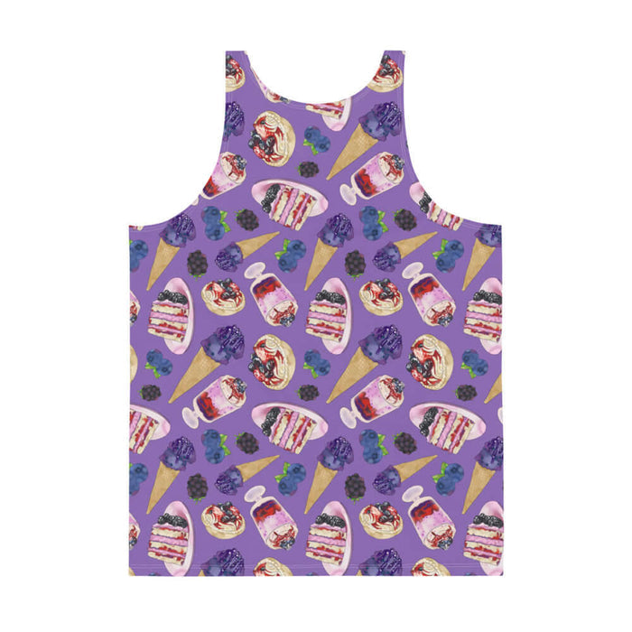 Berry kawaii men's tank top in violet with blueberry ice cream cones and plump blackberries