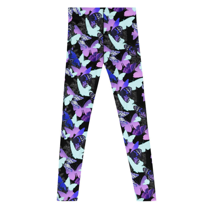 Butterfly kawaii men's leggings in purple with violet butterflies and floral line-art