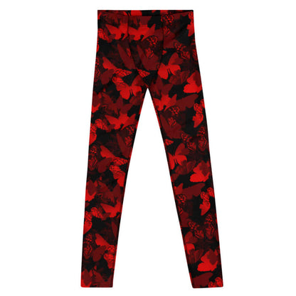Butterfly kawaii men's leggings in crimson with layered butterfly silhouettes and cobalt wings