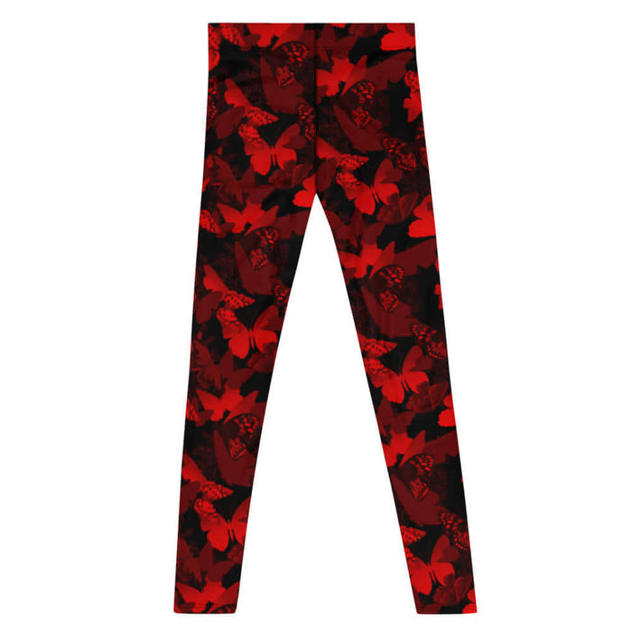 Butterfly kawaii men's leggings in crimson with scarlet butterflies and white-flecked wings