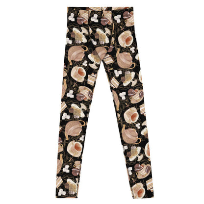 Latte kawaii Men's Café leggings with heart-shaped teacups and tiramisu cake