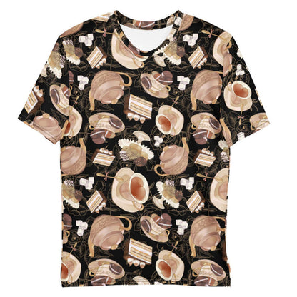 Latte kawaii Men's Café tee with heart-shaped teacups and tiramisu cake