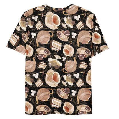 Latte kawaii Men's Café tee with heart-shaped teacups and chocolate macarons