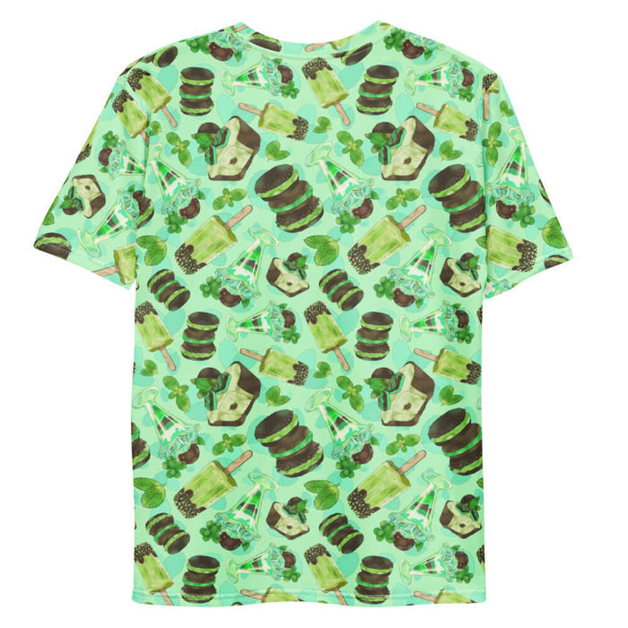 Choco Mint kawaii men's t-shirt in mint with layered mint parfaits and chocolate-dipped mint squares