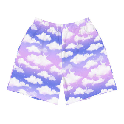 Cloudy Sky kawaii men's shorts with puffy white clouds and crescent moons on a pastel sky