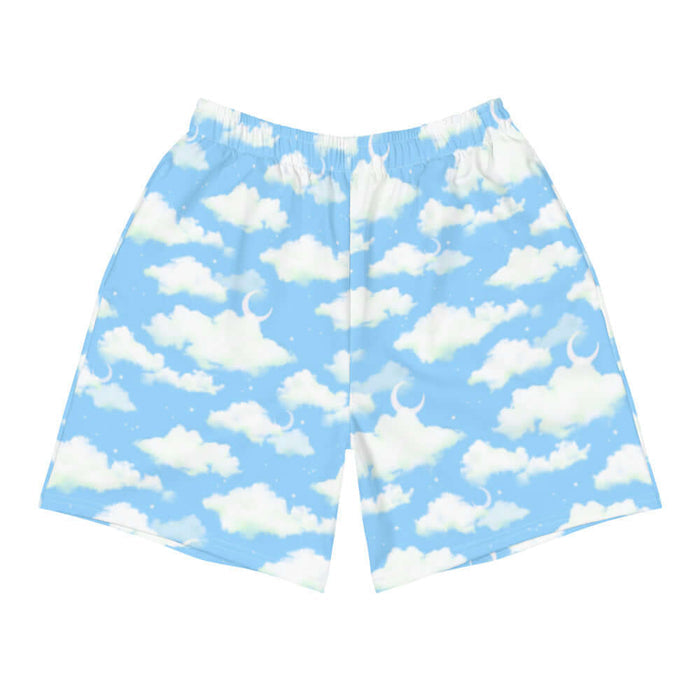 Cloudy Sky kawaii men's shorts in blue with drifting clouds and tiny stars