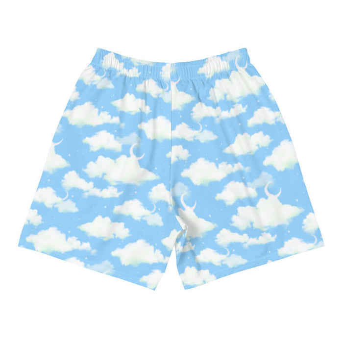 Cloudy Sky kawaii men's shorts with fluffy clouds and a crescent moon on a pastel sky