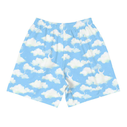 Cloudy Sky kawaii men's shorts with fluffy clouds and a crescent moon on a pastel sky