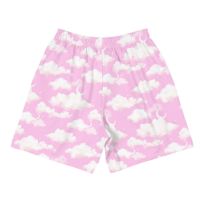 Cloudy Sky kawaii men's shorts in pink with crescent moons and soft clouds