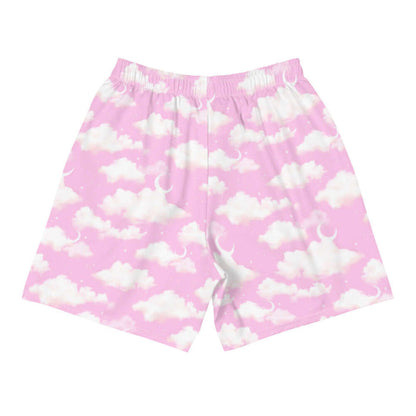 Cloudy Sky kawaii men's shorts in pink with crescent moons and soft clouds