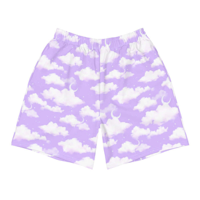 Cloudy Sky kawaii men's shorts in purple gradient with white clouds and tiny stars