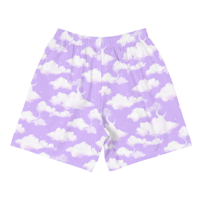 Cloudy Sky kawaii men's shorts in purple gradient with fluffy cumulus clouds and crescent moons