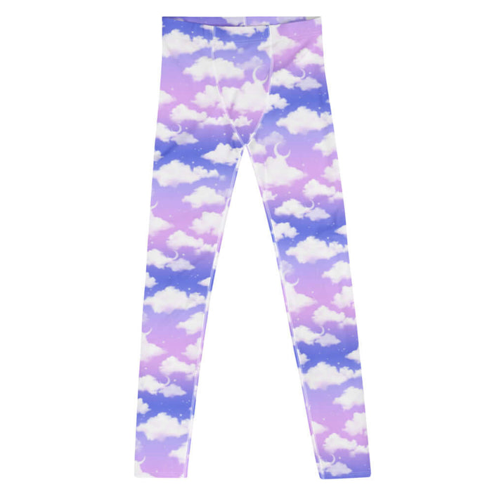 Cloudy Sky kawaii men's leggings in purple gradient with puffy white clouds and crescent moons