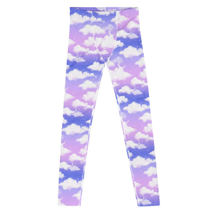 Cloudy Sky kawaii men's leggings in purple gradient with puffy white clouds and crescent moons