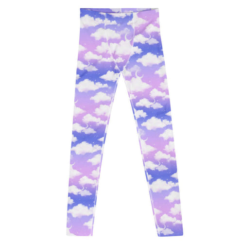 Cloudy Sky kawaii men's leggings in purple gradient with puffy white clouds and crescent moons