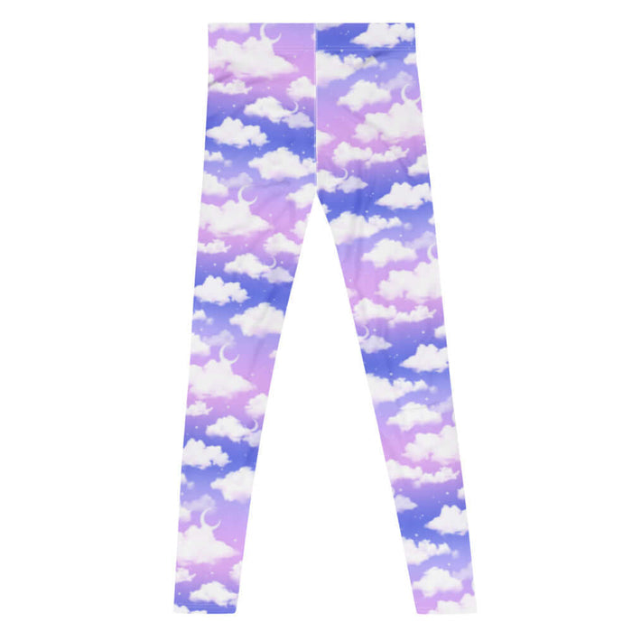 Cloudy Sky kawaii men's leggings with crescent moons and scattered stars on a pastel sky