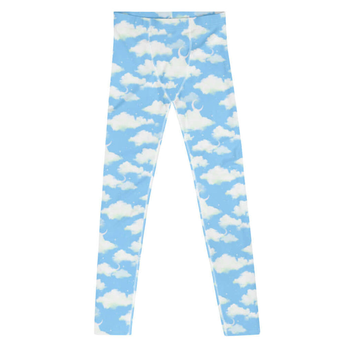 Cloudy Sky kawaii men's leggings with drifting clouds and tiny stars on a pastel sky