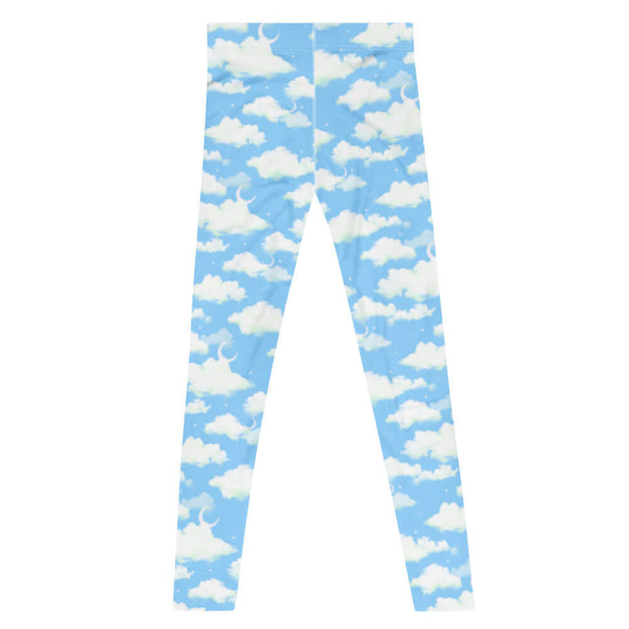 Cloudy Sky kawaii men's leggings with fluffy clouds and a crescent moon on a pastel sky