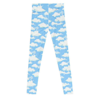 Cloudy Sky kawaii men's leggings with fluffy clouds and a crescent moon on a pastel sky