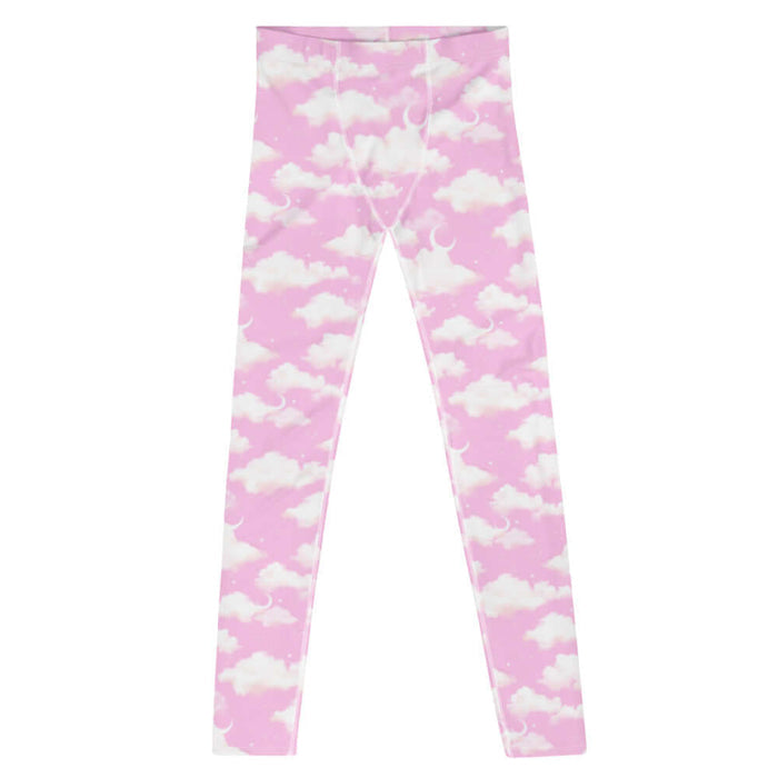Cloudy Sky kawaii men's leggings in pink with puffy clouds and sprinkled stars