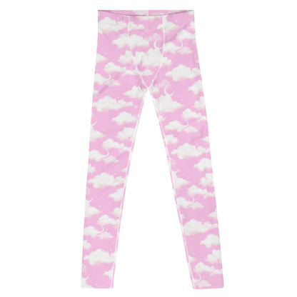 Cloudy Sky kawaii men's leggings in pink with puffy clouds and sprinkled stars