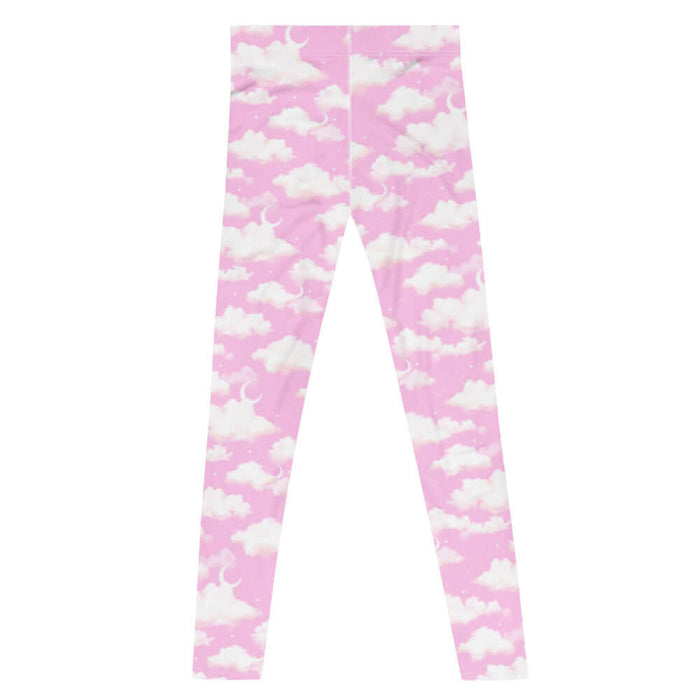 Cloudy Sky kawaii men's leggings in pink with crescent moons and soft clouds
