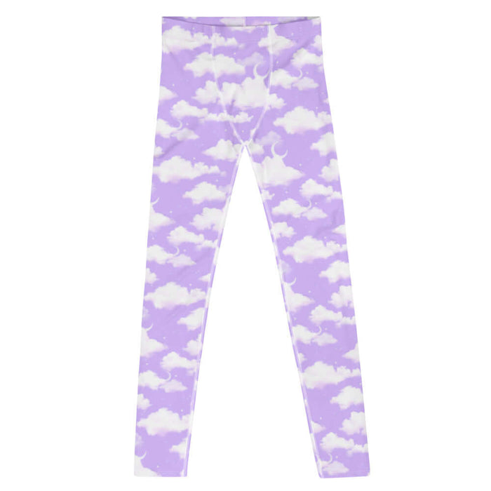 Cloudy Sky kawaii men's leggings in purple gradient with white clouds and tiny stars