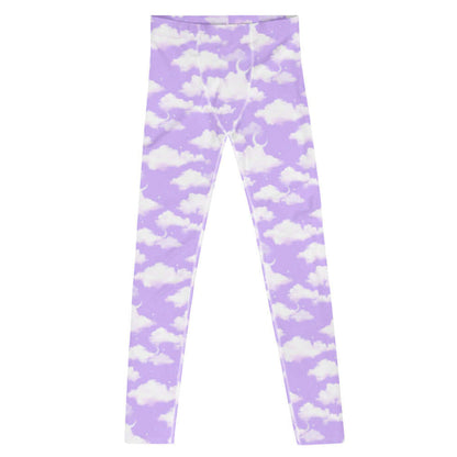 Cloudy Sky kawaii men's leggings in purple gradient with white clouds and tiny stars