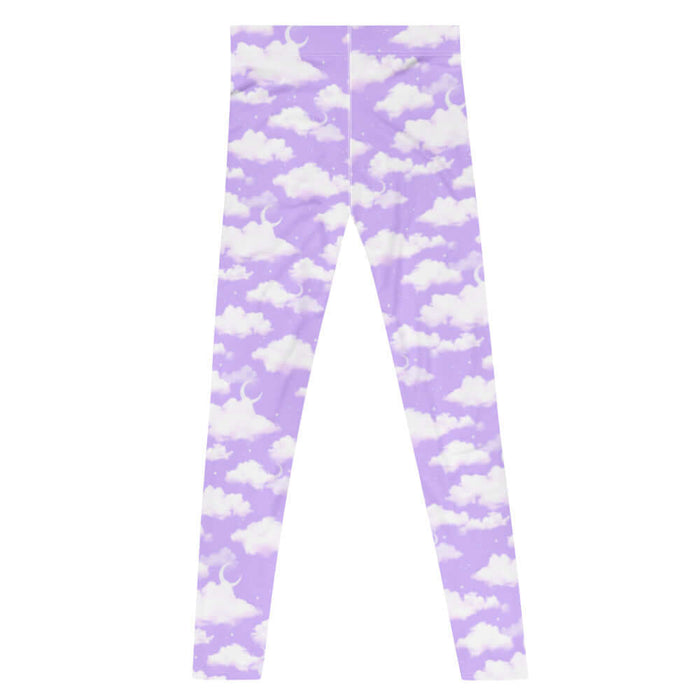 Cloudy Sky kawaii men's leggings with fluffy cumulus clouds and crescent moons on a pastel sky
